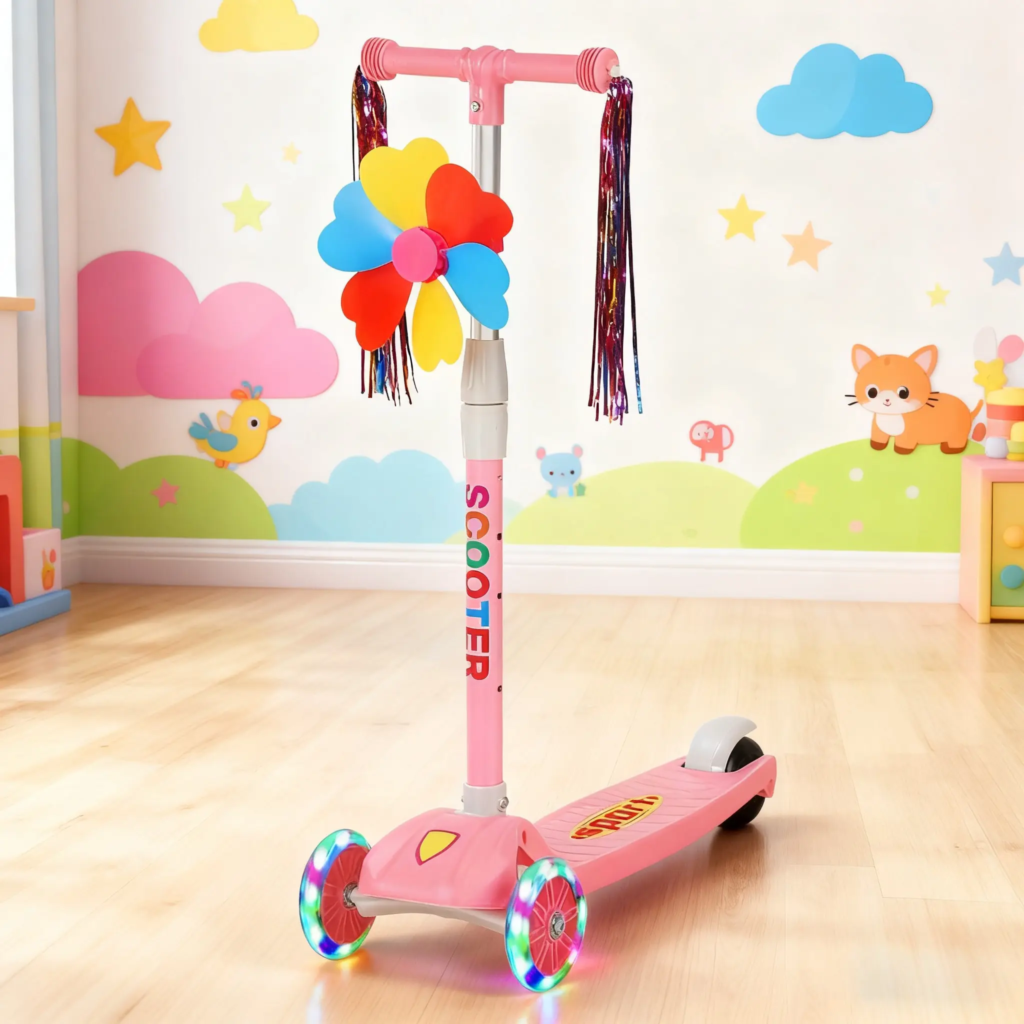 Pink Three-Wheel Scooter with Glowing Wheels Adjustable Height Tilt Steering Wide Deck Design Easy to Ride Party Gift,Summervibes,summerwins