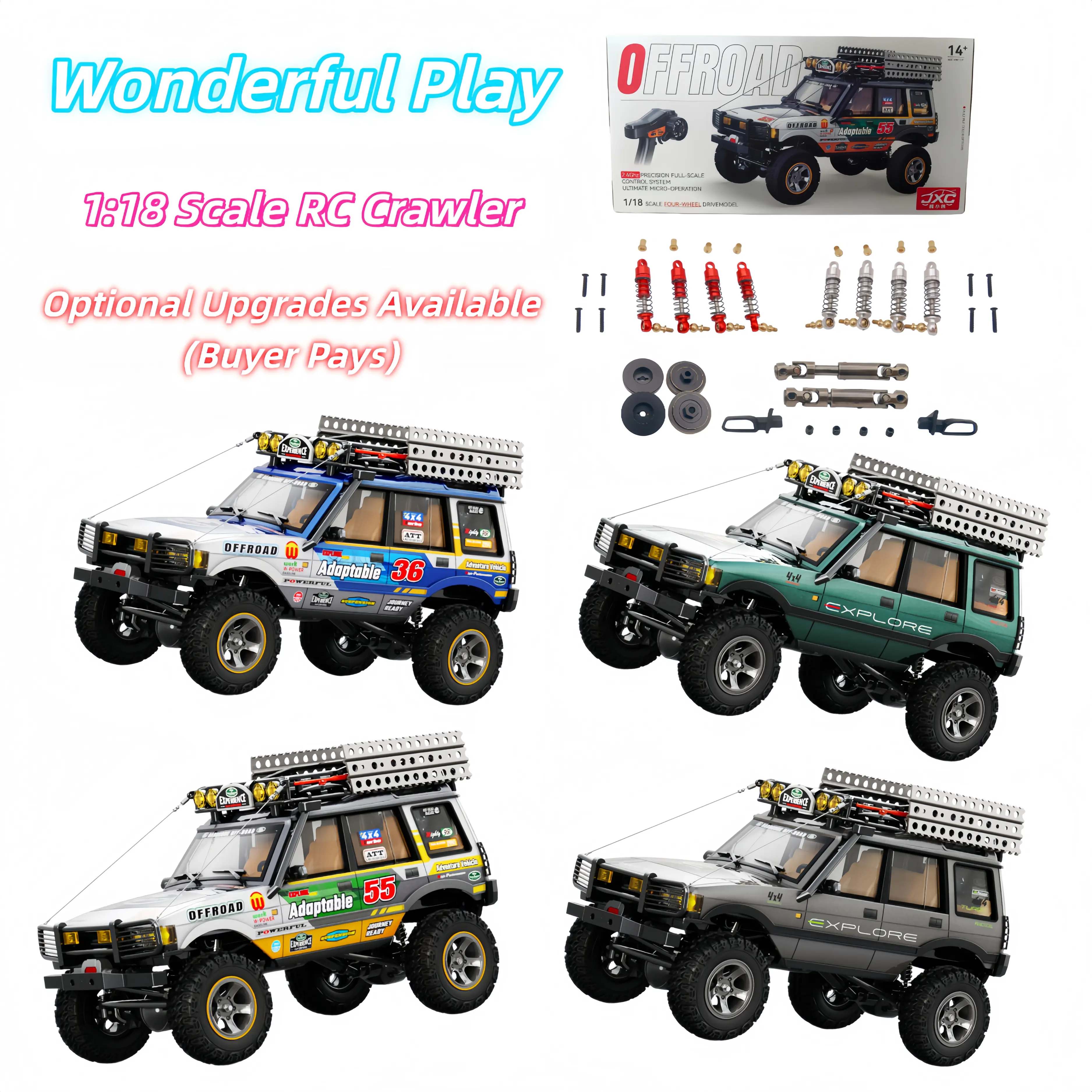 JXC18 1:18 & MN82/MN99S/MN98 1:12 RC Rock Crawlers, 2.4GHz High-Torque 4WD Rechargeable Remote Control Cars with Suspension, LED Lights & 2 Batteries