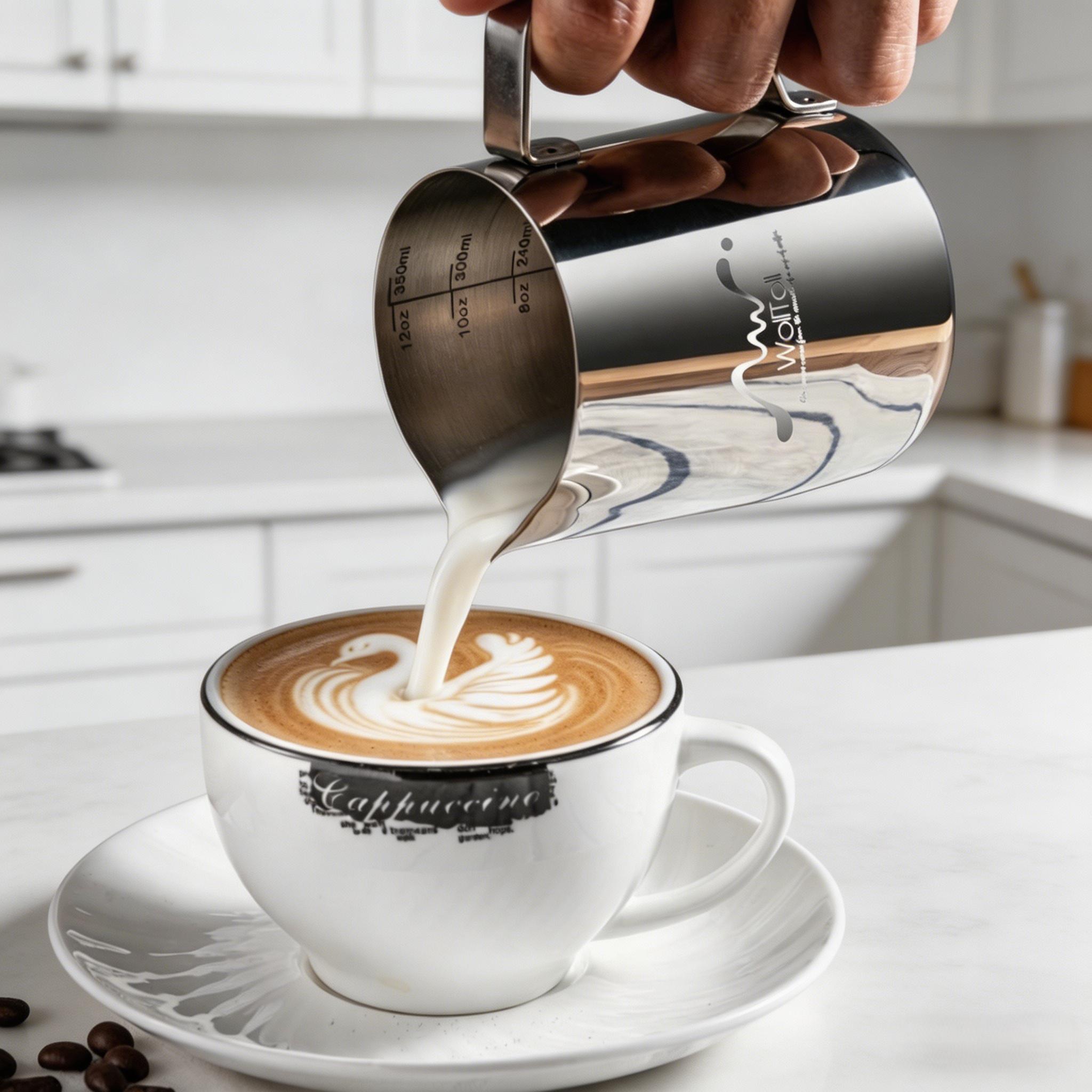 Milk Frothing Pitcher 350ml Stainless Steel for Latte Art Beginners 0.8mm Thick Dripless Spout Dual Measurement Lines Ergonomic Handle Perfect for Coffee Jugs