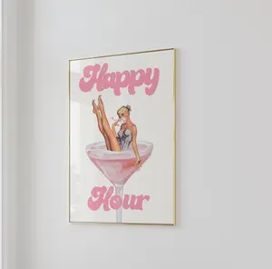 Pink retro cocktail wall art bar cart poster prints drinking poster blush pink colorful vintage aesthetic Decor Glossy