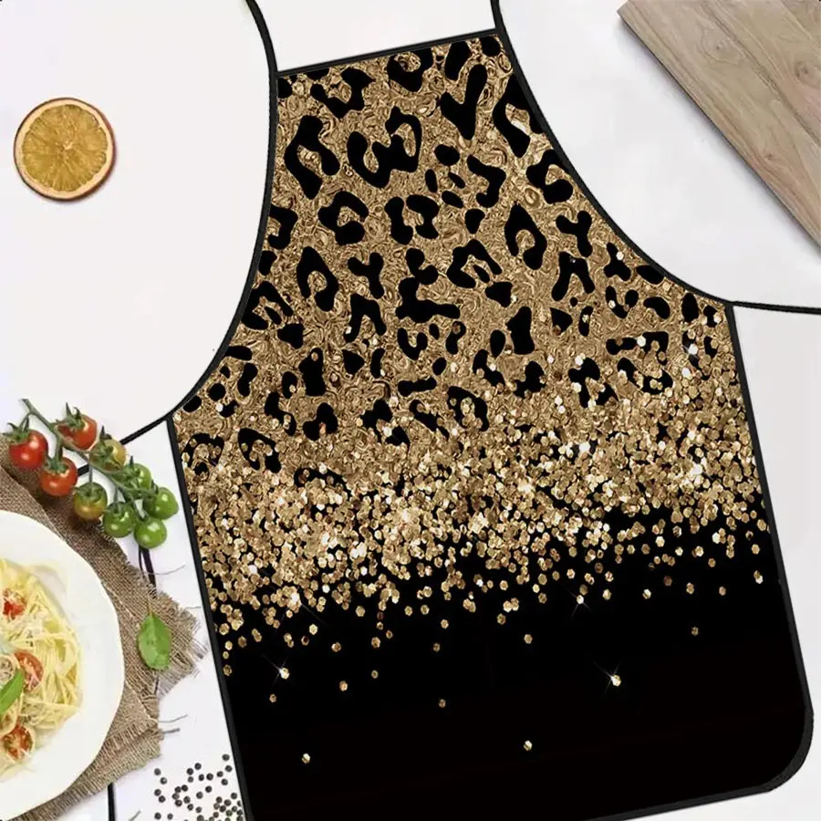 Fashionable and Gold Leopard Print Apron, Ideal for Home Kitchen Baking, Cooking, or Hosting, Durable Culinary Tool