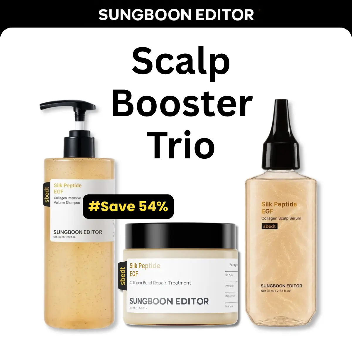 [Sungboon] Scalp Booster Trio | EGF Shampoo, Peptide Treatment & Caffeine Serum, Anti-Hair Loss Care | EGF, Collagen, 30 Peptides & Caffeine | Reduces Shedding, Firms Scalp, Strengthens Hair | Korean Skincare, K-Beauty