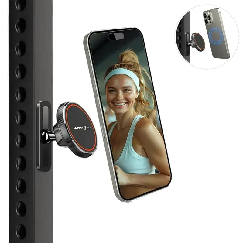 MagSafe Smartphone Mount & Grip - Gym Fitness Accessory, 360° Rotation, Low-Profile Compact Metal Alloy Base, Dual Magnetic Joint, Easy to Carry, Hands-Free Walking, Filming Setup for MagSafe iPhone 16/15/14/13/12 Series & Android Phones