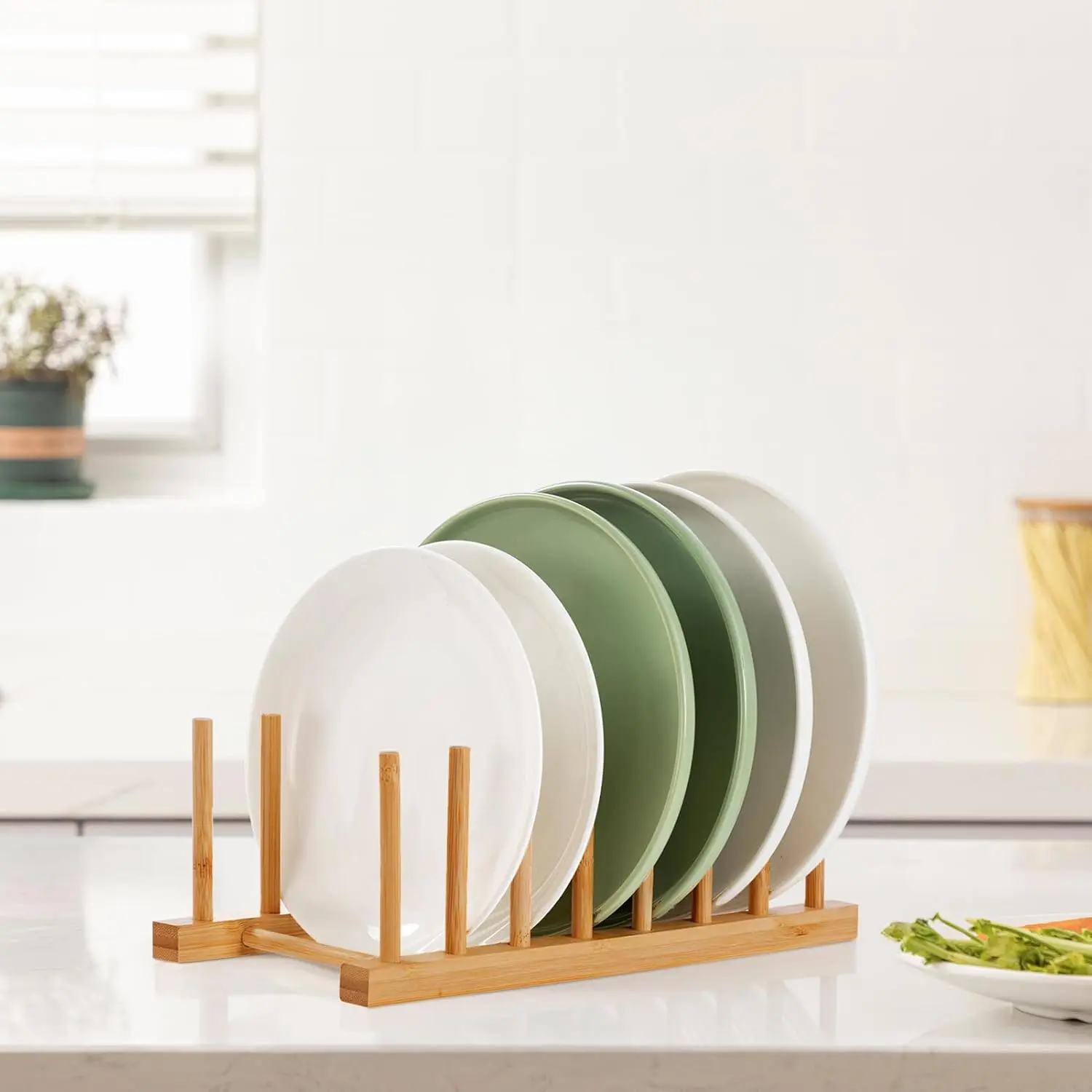 2-Pack Bamboo Wooden Dish Rack Holder Space-Saving Vertical Organizer for Plates, Cups, Pots, Lids, Bowls & Cutting Boards Kitchen Cabinet & Counter Storage