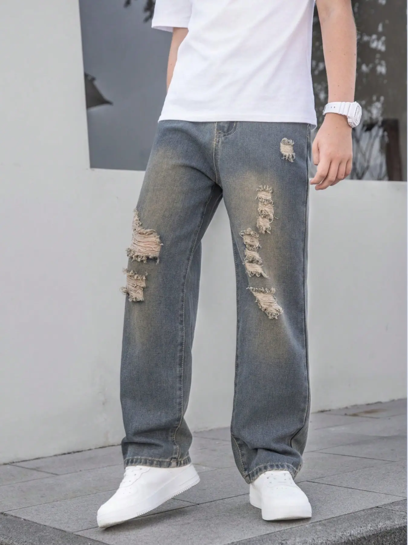 Teenage Boys' Retro Streetwear Ripped Detail Jeans, Vintage Washed Pants Loose Fit Straight Leg Denim Jeans, Suitable for All Seasons, Casual Jeans, Casual Fashion Jeans, Jeans Distressed, Destroyed Hole Jeans