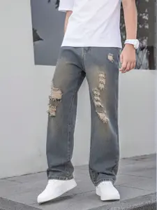 Teenage Boys' Retro Streetwear Ripped Detail Jeans, Vintage Washed Loose Fit Straight Leg Denim Jeans, Suitable for All Seasons, Casual Jeans
