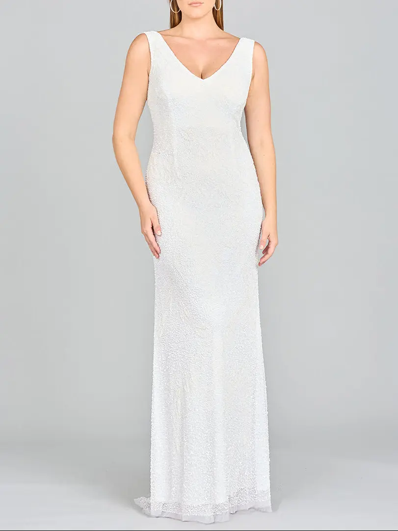 Lara Erika Beaded Draped Cowl Back V-Neck Wedding Dress