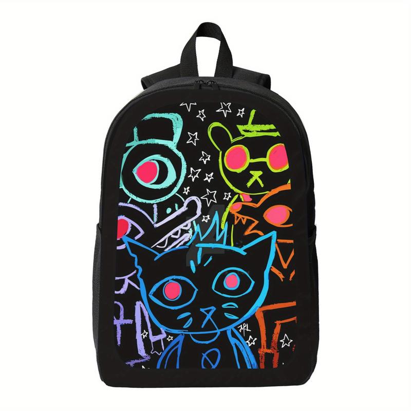 Night in the Woods Backpack - Large Capacity School Bag with Adjustable Shoulder Straps, Lightweight Backpack for Teens, College, Travel - Cute Night in the Woods Characters (Black with Neon Colors) - Durable Zipper Closure Backpack for Boys & Girls, Back