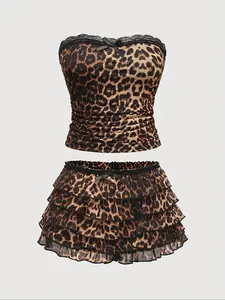 Women's Leopard Print Contrast Lace Tube Top & Ruffle Trim Shorts, Casual Fashion Cozy Two-piece Set for Daily Outdoor Wear, Ladies Clothes for All Seasons, Womenswear