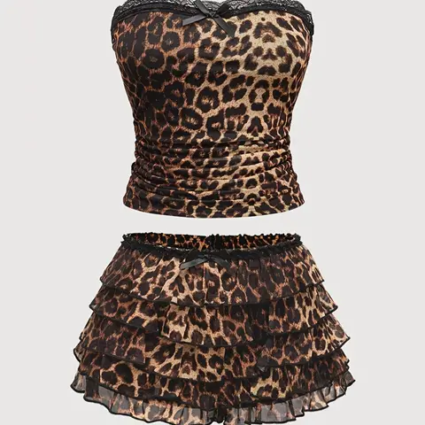 Women's Leopard Print Contrast Lace Tube Top & Ruffle Trim Shorts, Casual Fashion Cozy Two-piece Set Lace Outfit for Daily Outdoor Wear, Ladies Clothes for All Seasons, Womenswear