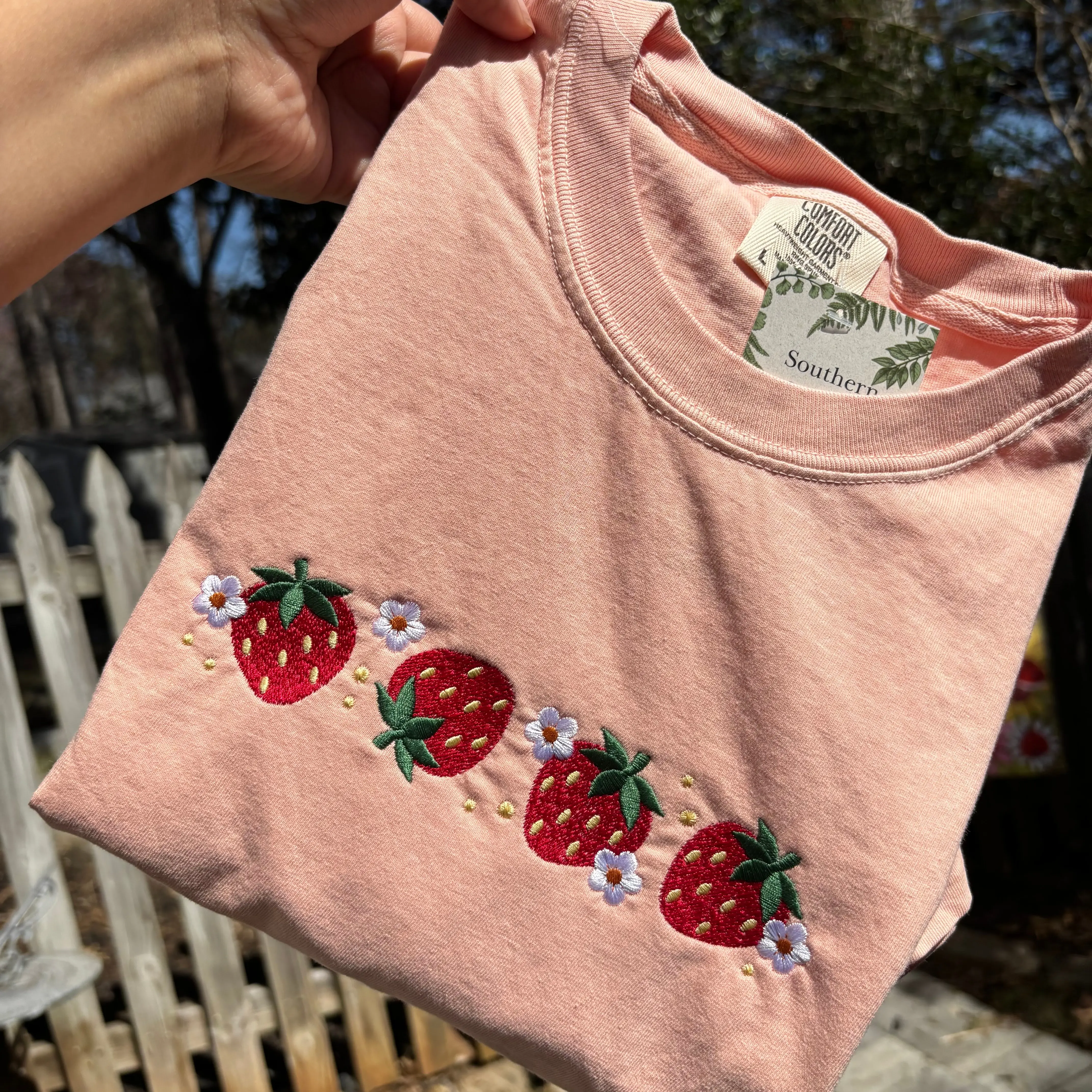 Strawberry and Daisies Embroidered Comfort Colors Peach Tee Comfortable Embroidery Tshirt Aesthetic