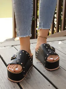 Adjustable Buckle Sandals, Rivet Heel Slippers, Thick Sole Cork Shoes, Cool Summer Women's Shoes, Street Style Casual Sandals