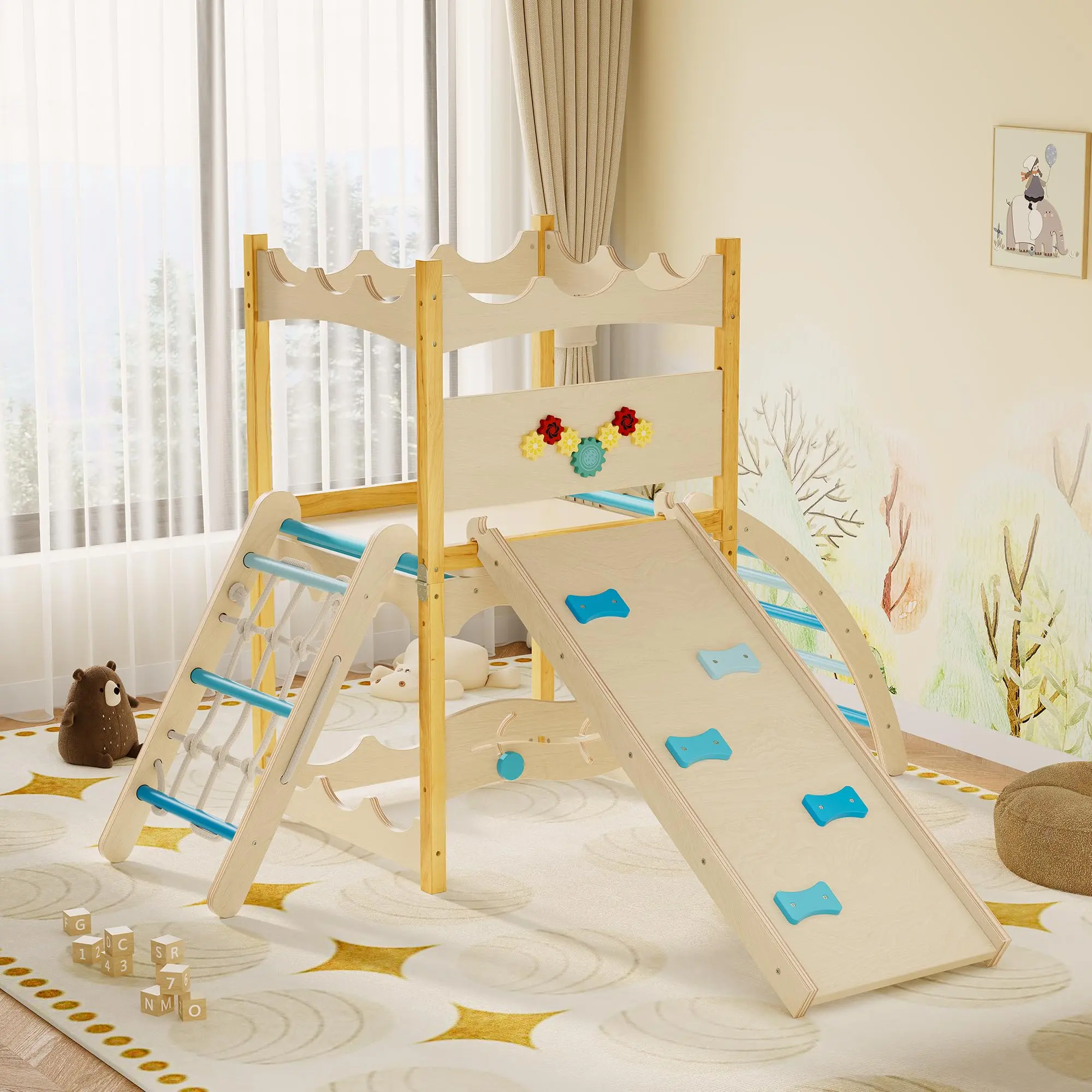 6-in-1 Indoor Wooden Climbing Playground | Toddler Climber Gym with Slide, Rock Wall, Rope Net, Ladder, Rest Area & Circle Maze | Colorful / Blue