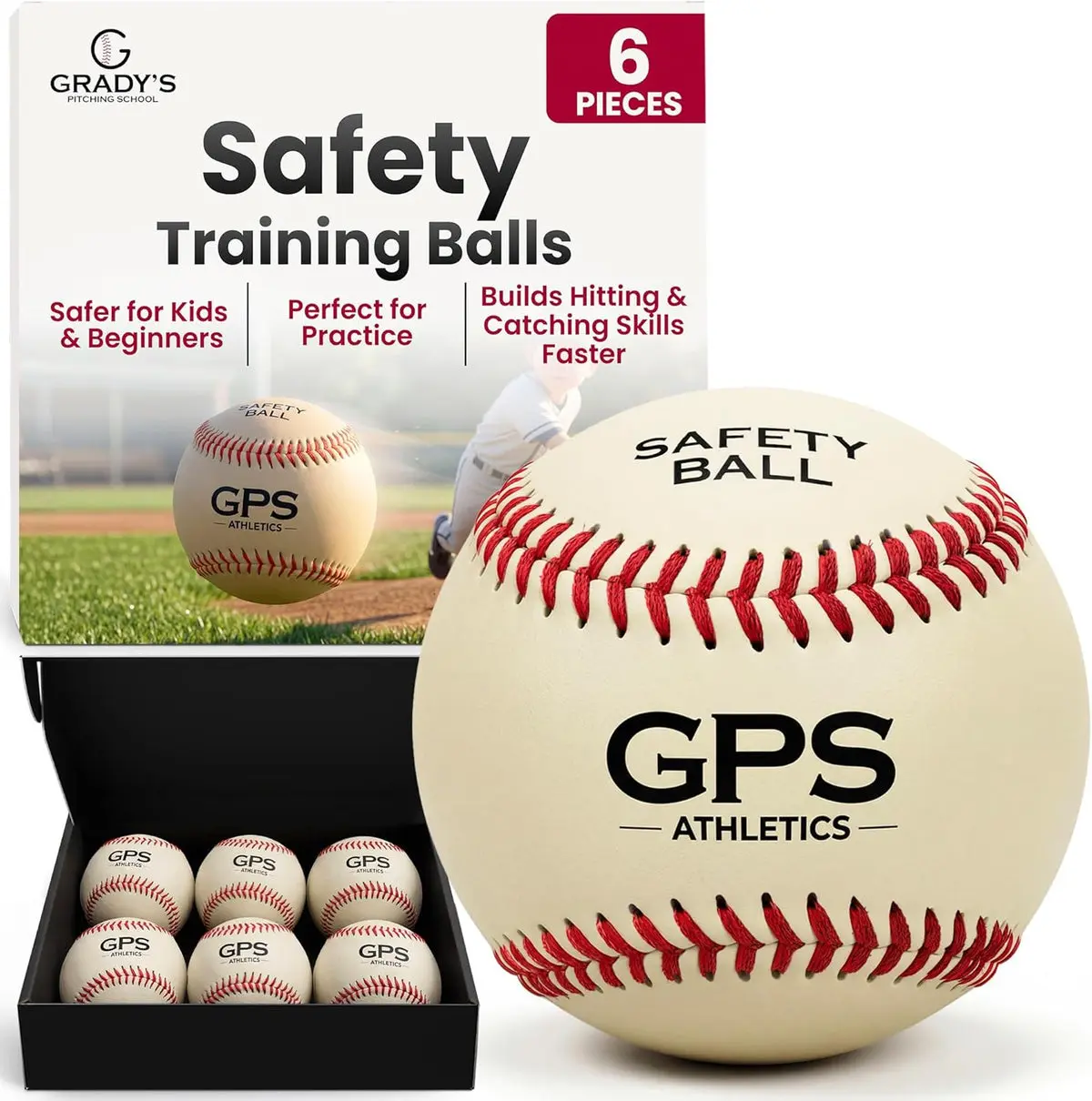 GPS Athletics Soft Practice Baseballs for Kids, 6-Pack, Low-Impact Youth Training Baseballs with Raised Seams, Regulation Size