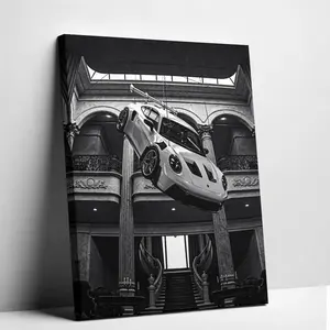 Self Driving Poster Vintage Flying Car Poster – Black & White Minimalist Canvas Wall Art, Luxury Automotive Decor for Home, Office, Cafe, Bedroom, Aviation & Car Lovers Gift