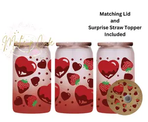 Valentines Red Hearts Libbey 16oz cup with straw topper