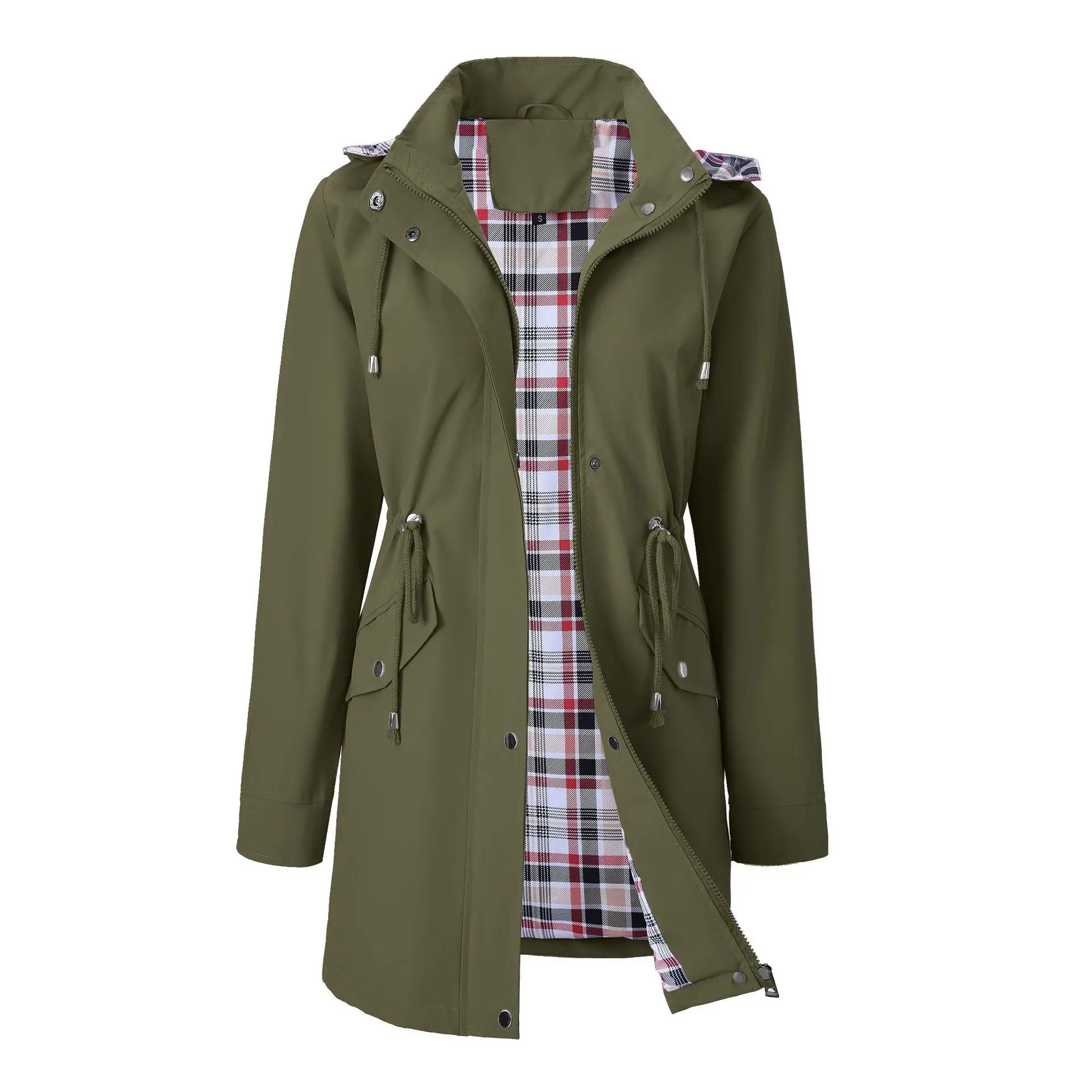 Women's Lightweight Hooded Outerwear, Fitted Long Sleeve Windbreaker Jacket with a Solid Zipper Front and Pockets for Camping, Tops, Coats, Boho Vibe, Long Length, Plain Look