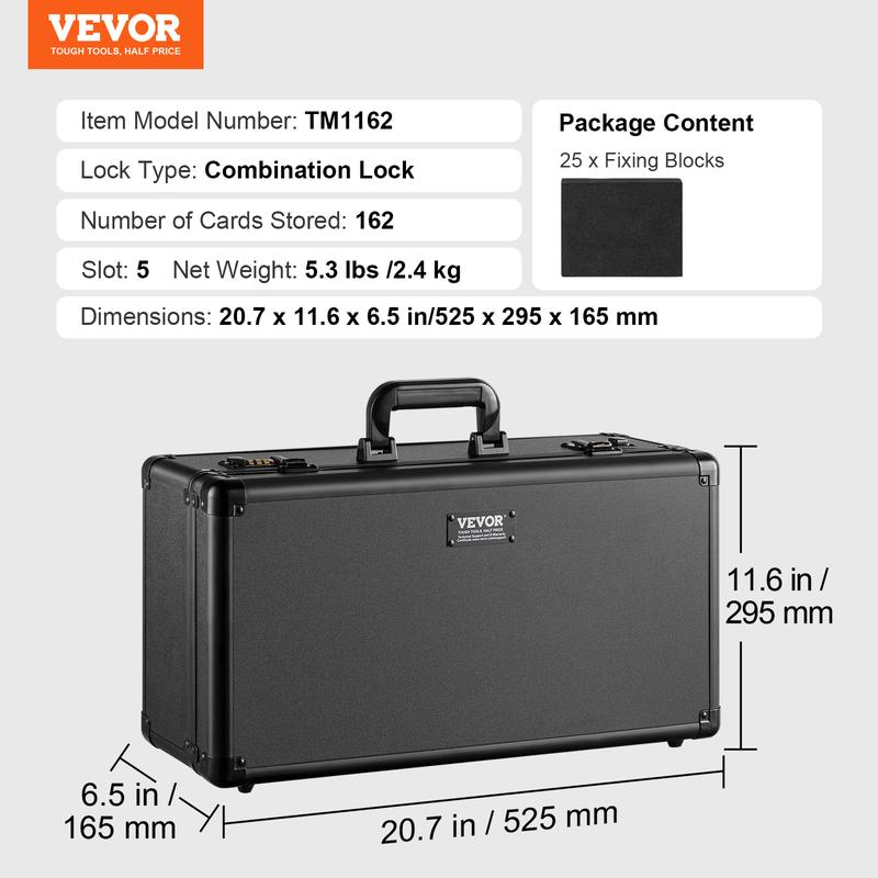 VEVOR Graded Card Storage Box,  , 5 Slots, Graded Sports Cards Holder Carrying Case with Coded Lock Foam Dividers, for 162 PSA Graded Cards 115 BGS Cards 130 SGC Cards 585 Top Loaders Metal Organiser