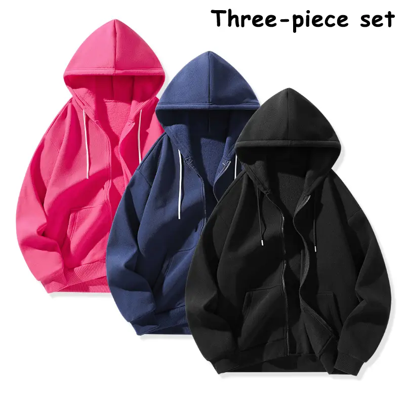 Oversized zip-up hoodies for men, 3-pack solid plain colors, soft fleece, drawstring hood, kangaroo pocket, casual streetwear; four-piece sweatshirt bundle