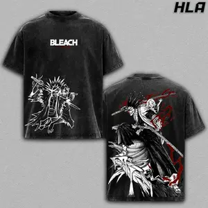 Kenpachi Zaraki Wash Tee, Bleach Anime Graphic Shirt, Heavy Cotton Acid Washed T-Shirt, Double Printed Oversize Top, Unisex Casual Streetwear, Oversized Anime Print T-Shirt, Graphic, Gift For Anime Fan