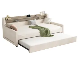 AMERLIFE Twin Daybed with Trundle, Upholstered Day Bed with Storage Headboard & Charging Station, LED Corner Bed Frame Furniture for Bedroom/Living Room/Guest Room,No Box Spring Needed,