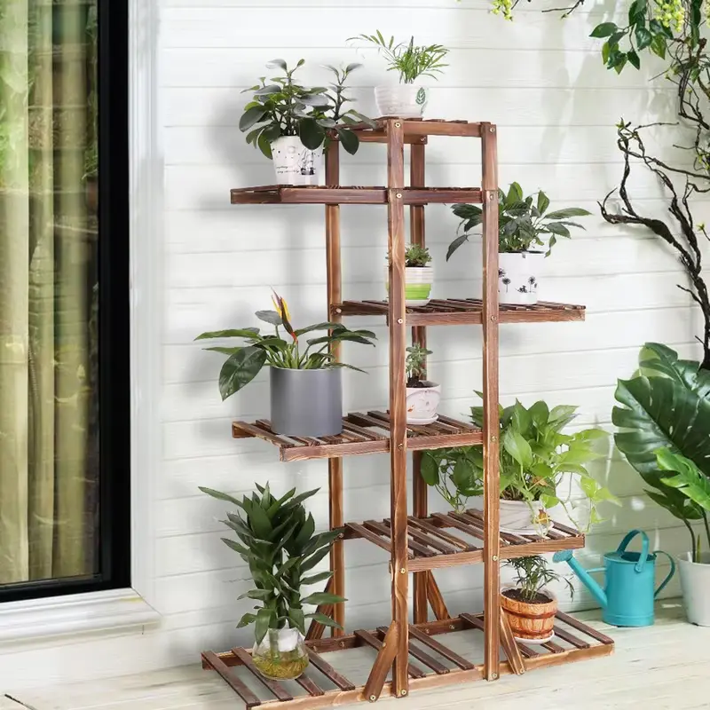 6-Tier Carbonized Wooden Plant Stand, Home Organizer Storage Rack for Flower Pots, Bonsai Display Bench for Patio
