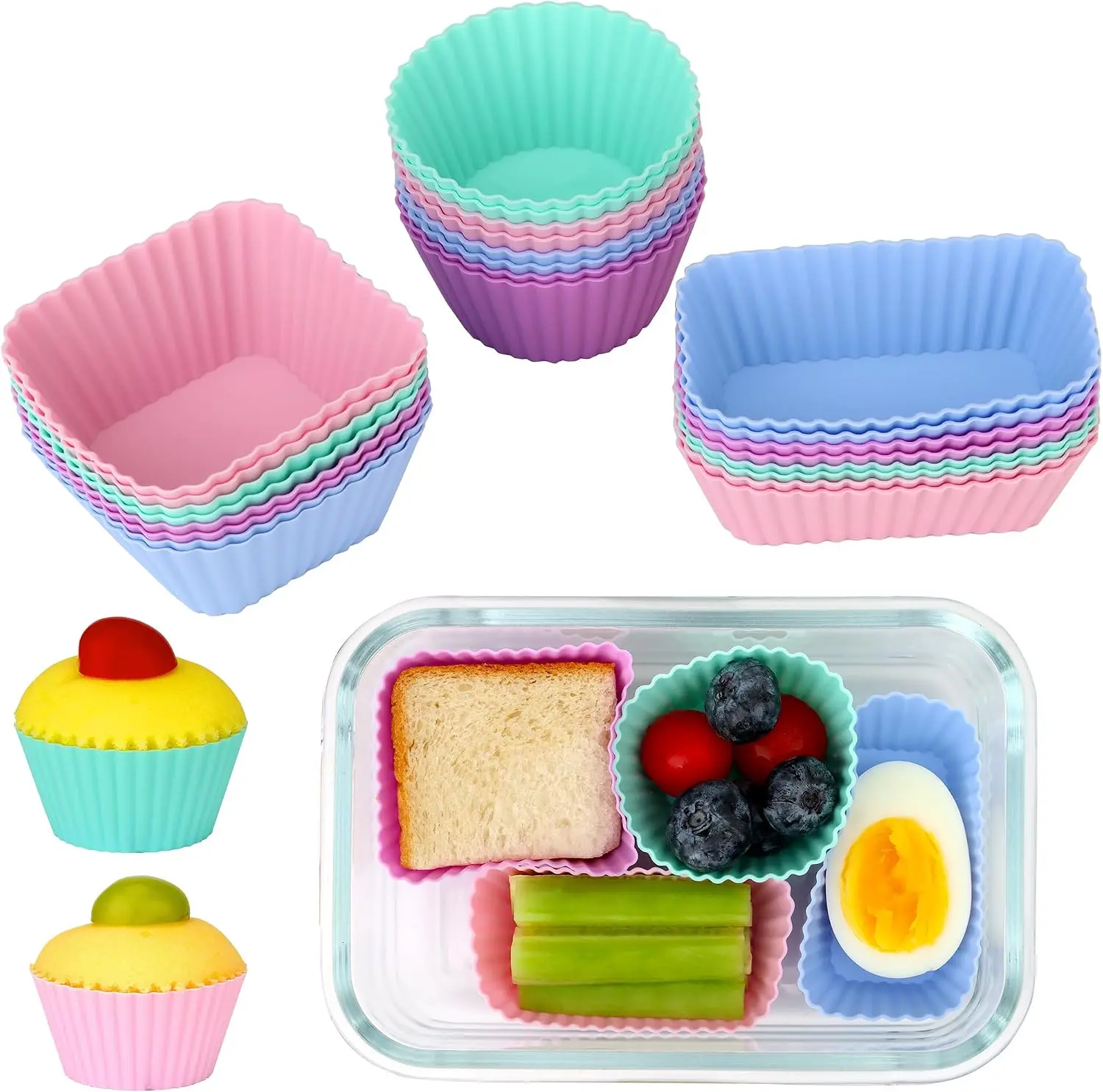Dulinkas 24pcs Non-Stick Muffin Cupcake Tins & Moulds Set - Reusable Flexible Silicone Baking Cups (3 Shapes: Square, Rectangle, Round) for Kids, Snack Organization, Restaurants, Oven-Safe Kitchen Meal Prep Liners