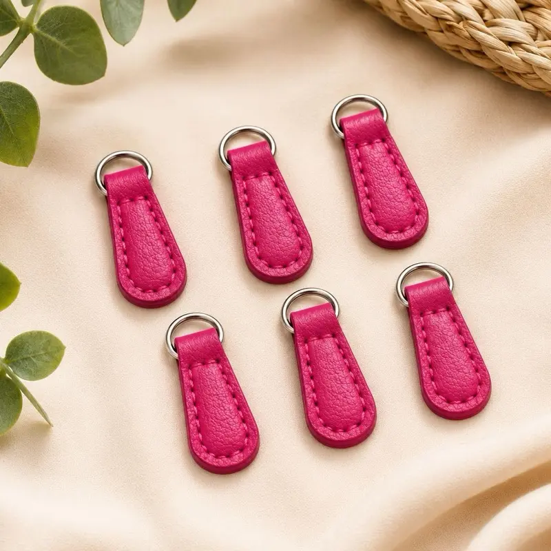 6 pink Faux Leather Zipper Pull Tabs