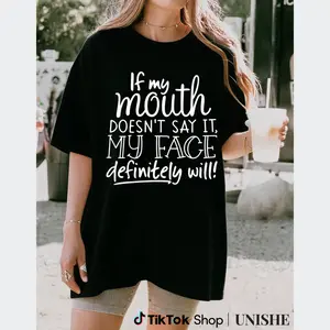 Fashionable Black Tee for Women with Short Sleeves and Bold Graphic Text