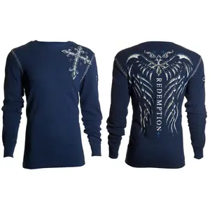 Archaic by Affliction Men's Thermal Shirt SPINE WINGS Navy