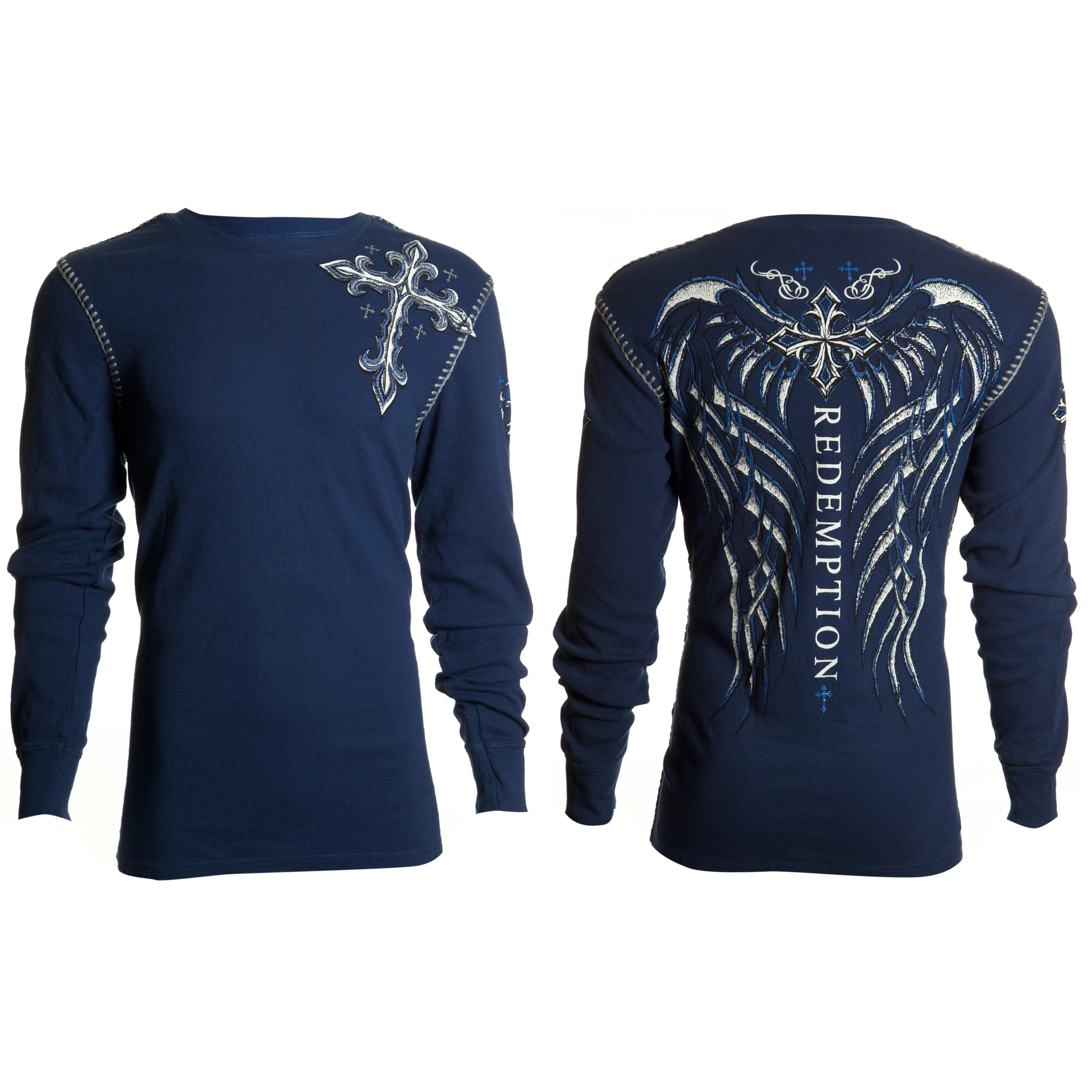 Archaic by Affliction Men's Cotton Long-Sleeve Round Neck Graphic Thermal Shirt - Spine Wings Navy, Menswear Top