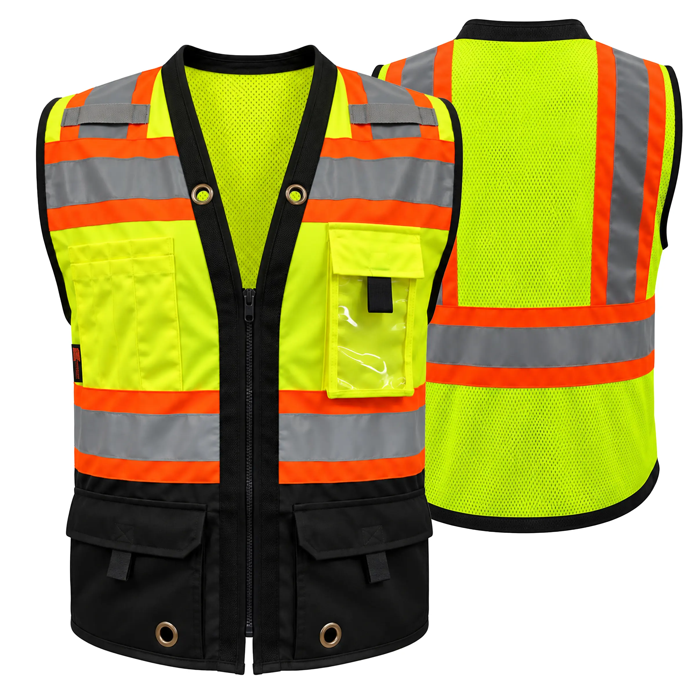 FXSV2 Two Tone High Visibility Reflective Safety Vest for Men & Women, Heavy Duty Multi-Pocket Construction Work Vest with Breathable Mesh Back, Clear ID Holder, Zipper Closure & Utility Pockets