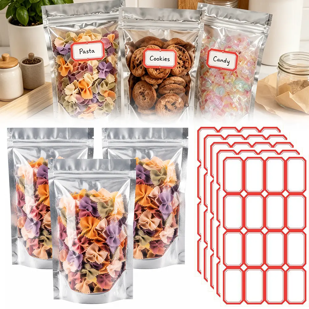  200pcs Resealable Clear Window Mylar Zipper Bags, Metallic Silver Foil Storage Pouches with Write-on Labels, Airtight Waterproof Self Seal Bags for Food Snack Crafts Small Business Packaging