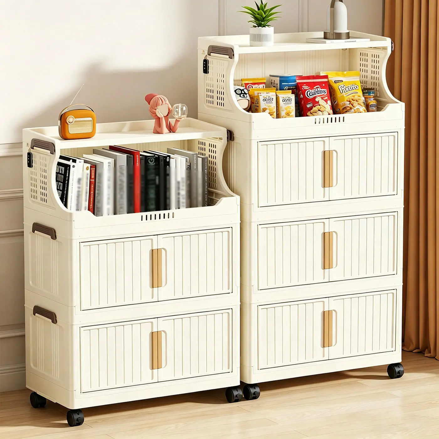 Modern No-Assembly Foldable Stackable Storage Cabinet with Double Swing Doors, 360° Lockable Swivel Casters, Dustproof Modular Rolling Organizer for Bedroom, Bathroom, Narrow Gaps – Ideal for Home Organizing & PC Setup