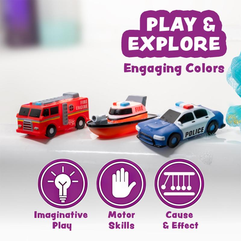 Emergency Cars Light Up Bath Toys, 6 Pack | Water-Activated Light Up Toys Flash & Change Color | Soft, Squeezable Baby & Toddler Bath Toys | Sensory Toys with Bath Lights for Kids Bath