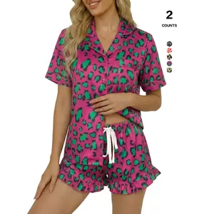 2026 Women's 2-piece Satin Leopard print Front Sleeve Leopard print Collar Shirt and Shorts Pajama Spring/Summer SetRAIMENTRY