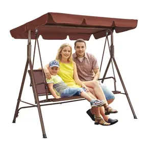 summervibes 3-Seat Patio Swing Chair with Adjustable Canopy, Armrests, Teslin Fabric & Alloy Steel Frame, Outdoor Porch Swing for Backyard, Patio, Brown, 3-Seat Swing