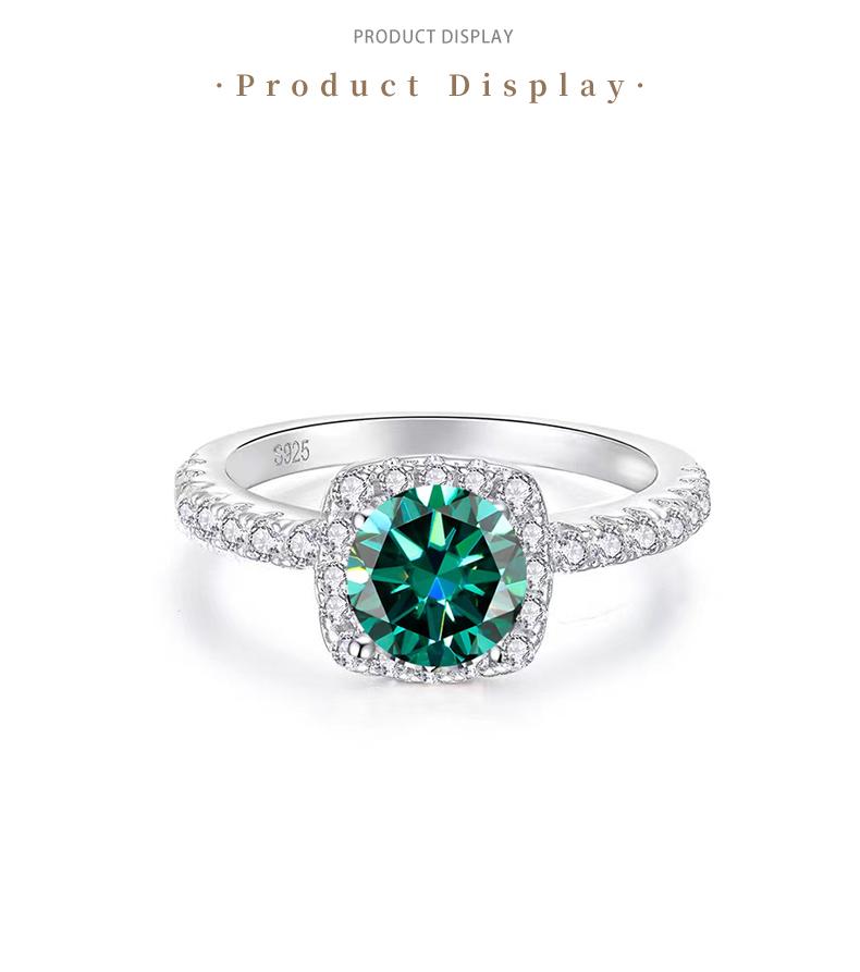 [Venus Jewelry] Synthetic Mossianite 3 CCT Green VVS 1 Solid SIlver Ring Square Halo 925 Silver Ring
