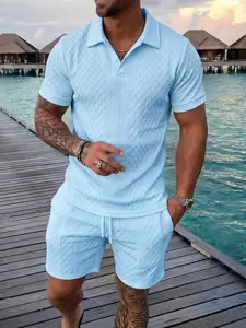 Men's Luxury Fine Diamond Argyle Jacquard Polo Shirt Shorts Set, Matching Fabric, Elastic Drawstring Waist, Loose Straight Fit, Summer, Top