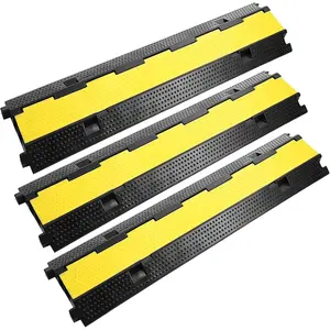 Heavy Duty 2-Channel Rubber Cable Protector Ramp, 11,000 LBS/axle Capacity, Non-Slip Speed Bump, Industrial Driveway Cord Guard for Cables & Vehicles, 3 Pack