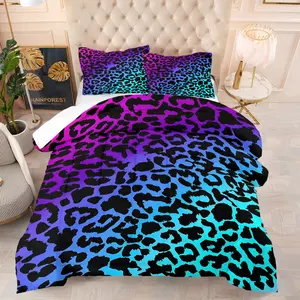 2/3 Pcs Pink-Purple-Blue Gradient Leopard Print Bedding Comforter Set（Quilt/Comforter）, Comforter & 1/2 Pillowcases (no filler), All-Season, Fits Bedroom/Dorm/Rental Decor, Ideal for Trendy Colorful Style Fans/Roommates/Birthday Gifters