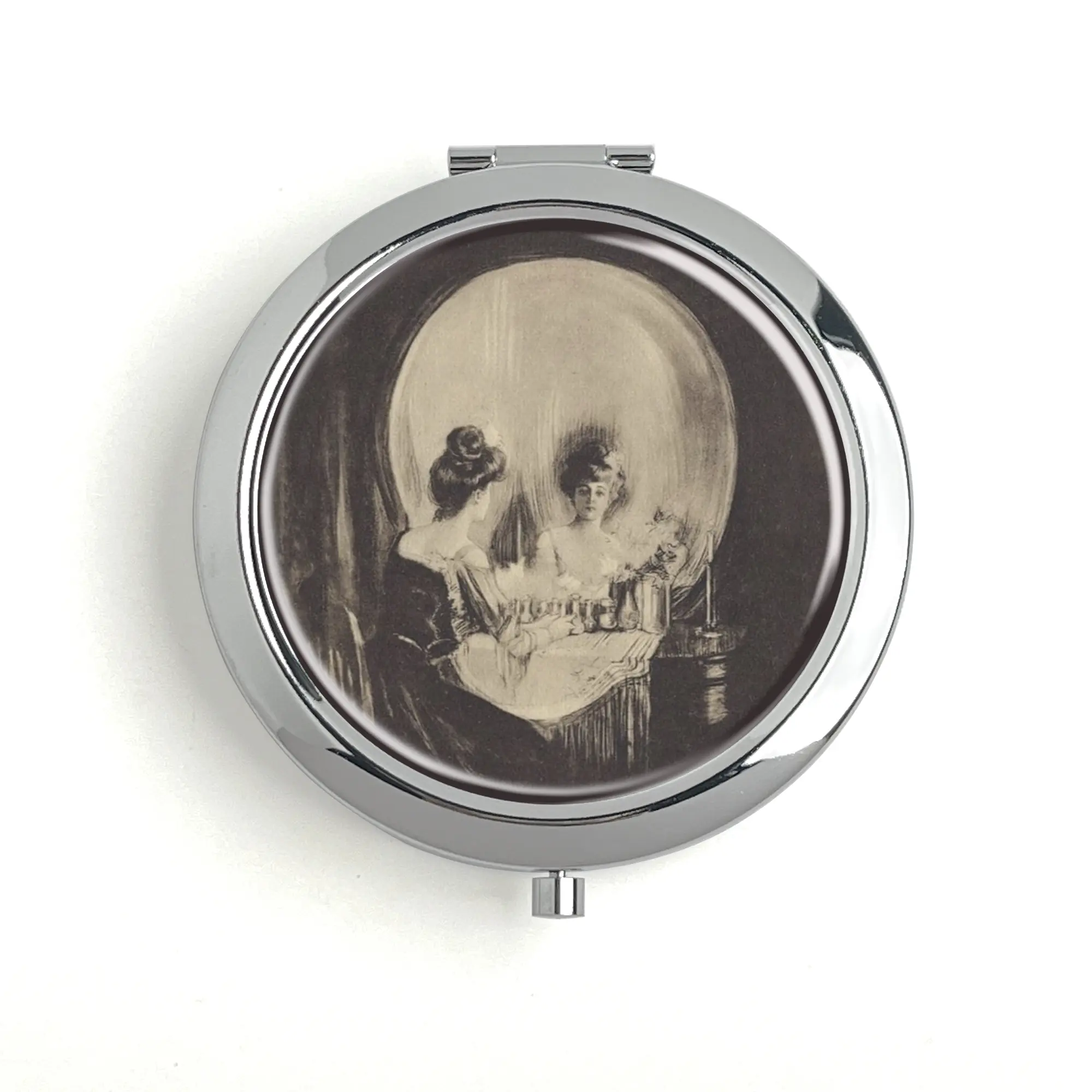 All is Vanity By Charles Allan Gilbert 1892 Metal Pill Box Travel Pill Box Vitamin Organizer Built-in Makeup Mirror Unique Design Inner Diameter 60mm