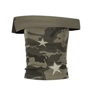 FDR Camo Off Shoulder  Studs  Star Print Crop Top
