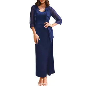 Women's 2-Piece Glitter V-Neck Maxi Dress with Chiffon Ruffle Jacket Formal Evening Party Set #LE-TZ221