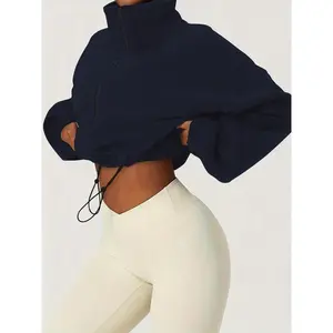 Women's Warm Fleece Crop Jacket, Zipper & Drawstring Design, Thicker Fabric, Fitted Style, Ideal for Fall Winter Outdoor Activities