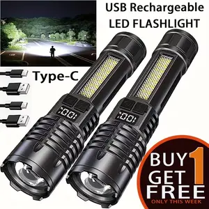 2PACKS High Lumen Rechargeable LED Flashlights Ultra-Bright Flashlights 5 Modes With COB Light Tactical Accessories, Zoom-able Torch Handheld Digital Display Flashlight，For Outdoor camp fishing hiking Emergency Signaling Backyard  Labor Day spotlight