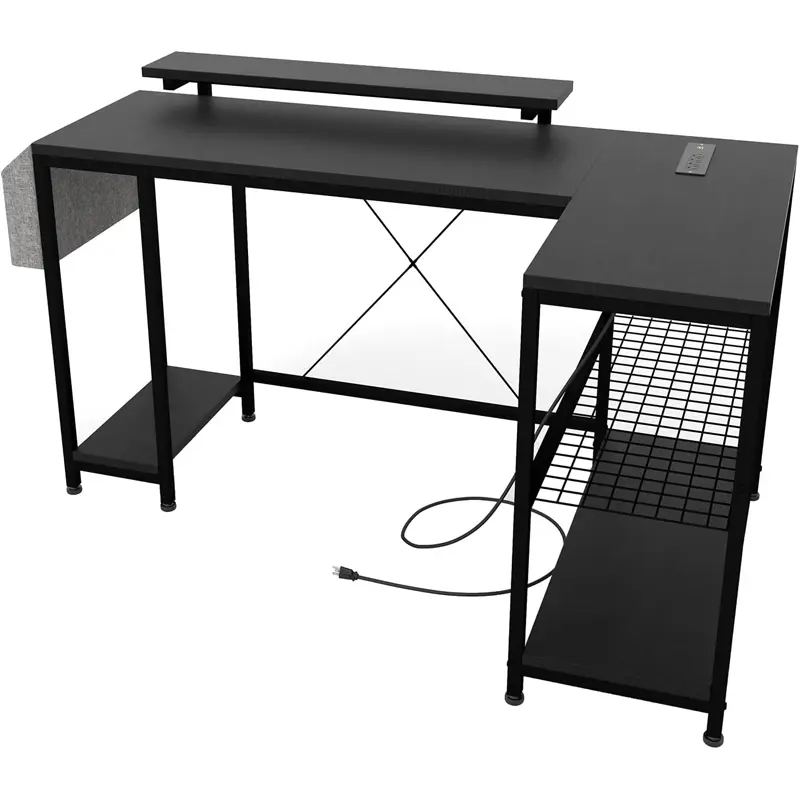 L Shaped Computer Desk with Power Outlets & LED Lights – 49.6" Reversible Corner Desk with Storage Shelves, Monitor Stand & Storage Bag for Home Office, Gaming & Writing