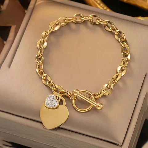 Exquisite Shiny Titanium Steel Bracelet Luxurious Women Inlaid Sparkling Heart Cubic Zirconia Pendant Chic OT Clasp Golden Bangle Chain Birthday Wedding Engagement Anniversary Occasions Jewelry