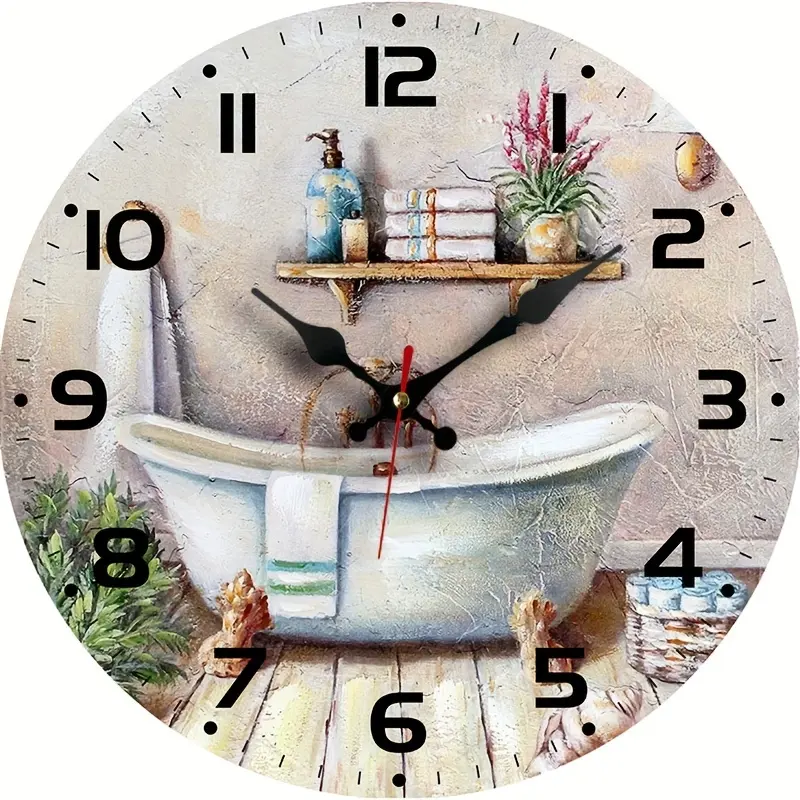 A Round 10 Inch Wall Clock, Creatively Designed for The Bathroom with a Beautiful Bathtub Theme, Featuring a Silent Mechanism Without Ticking, Suitable for Home Decor And Gift Giving