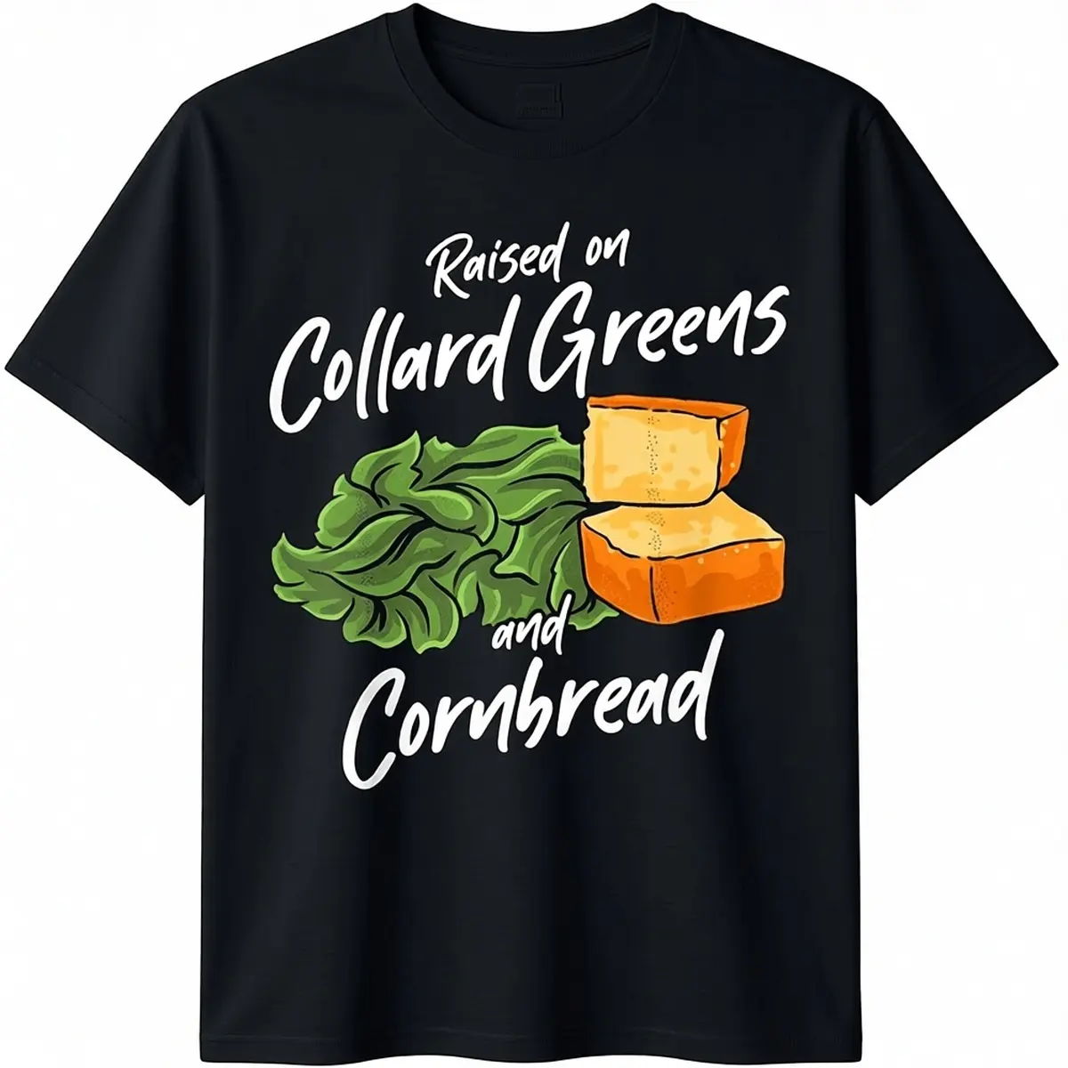 Men's and Women's Southern Food Kale and Cornbread T-shirt - Cotton  T-shirt, Printed with Southern Food Patterns, Casual Round Neck Design, Suitable for Barbecue, Picnic and Daily Wear